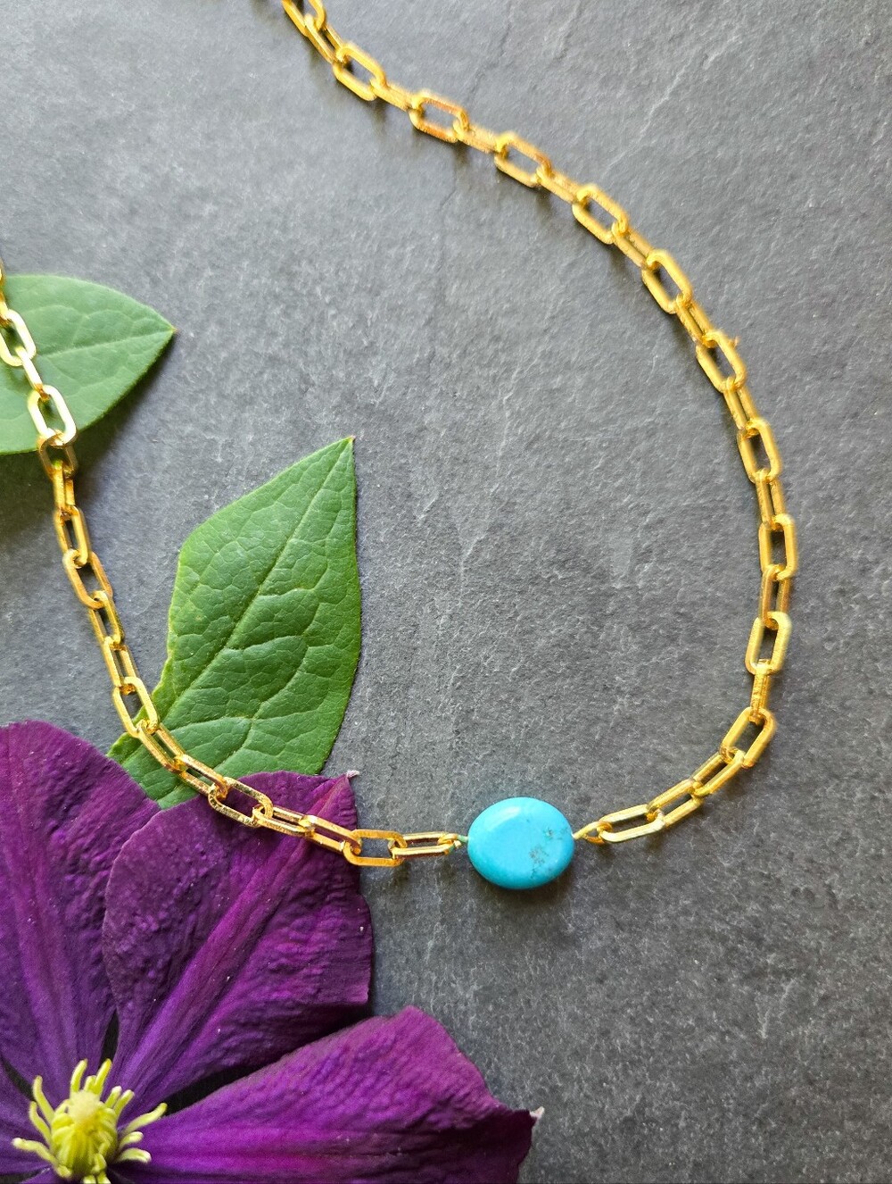 NWT Artisan-Made 24k Gold Plated Turquoise Magnesite Simple Choker Necklace